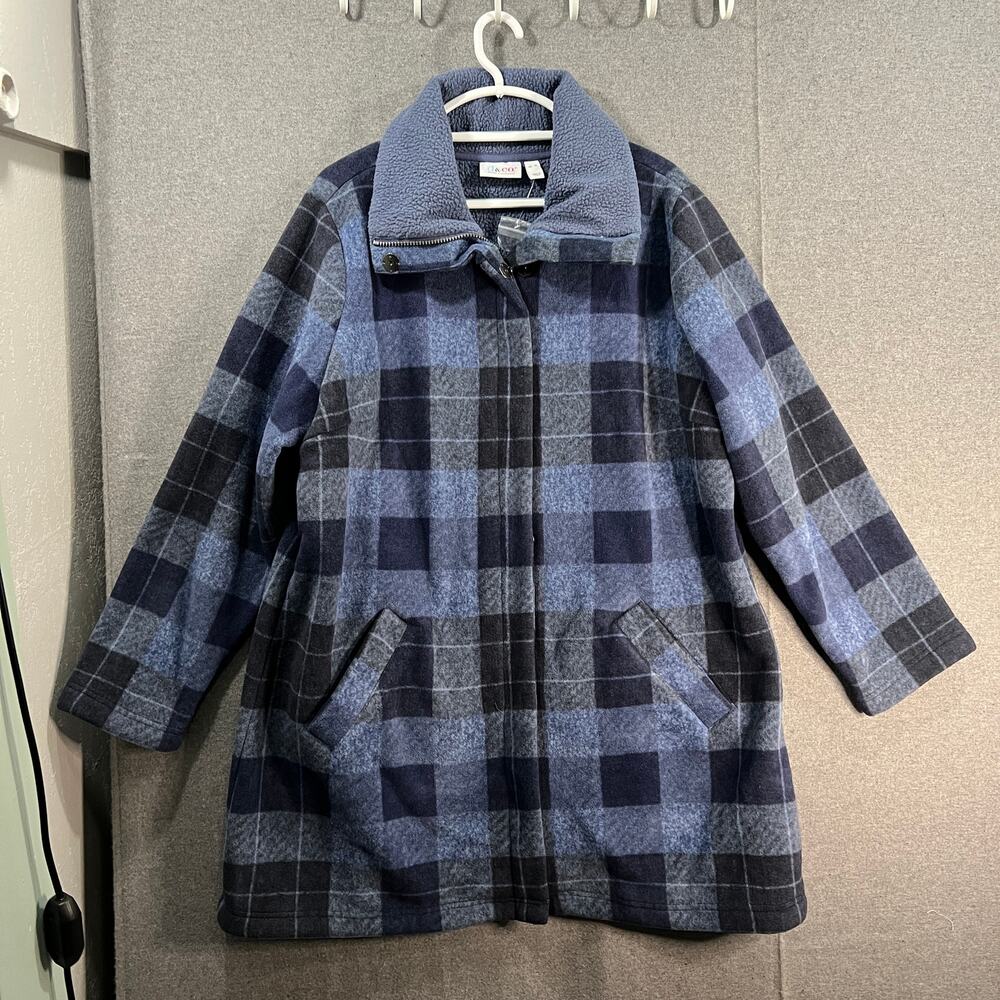 Denim & Co. Plaid Print Sherpa Lined Fleece Zip & Snap Indigo SIze X-Large